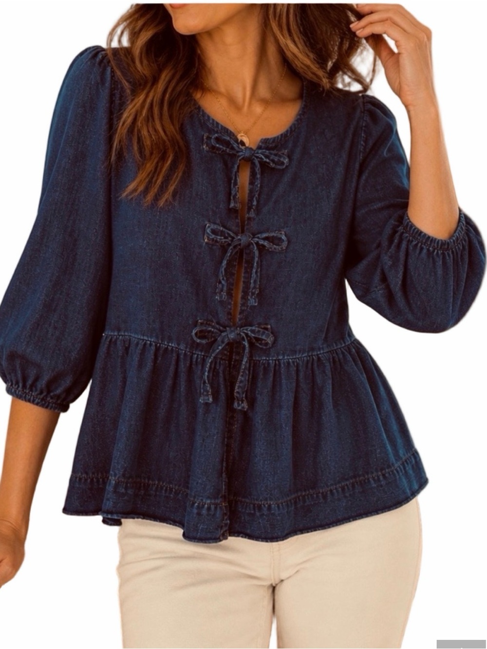Velvet Heart Denim Tie Front Peplum Top Puff Sleeve Size Medium